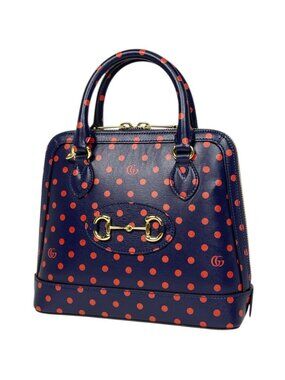 Gucci Horsebit Small Handbag Polka Dot Leather Navy Red